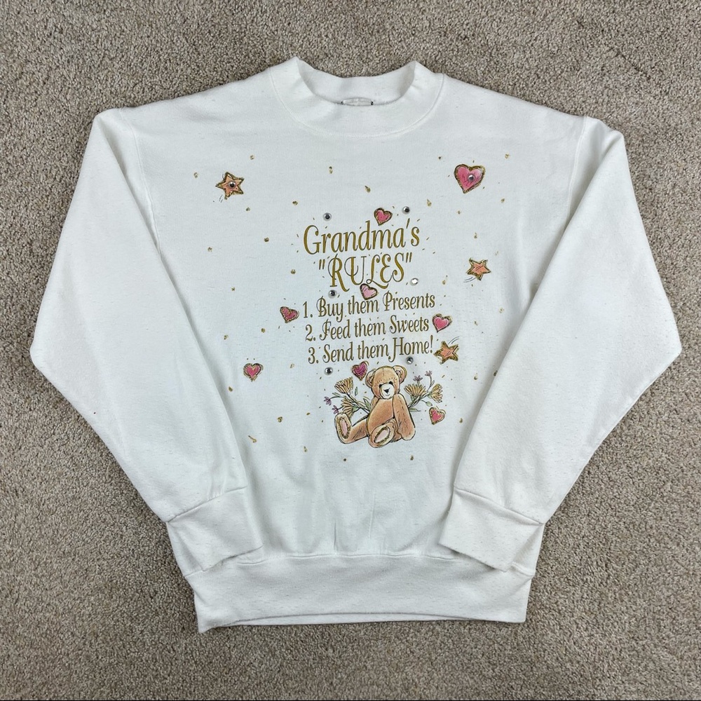 Vintage grandmas rules teddy bear white sweatshirt